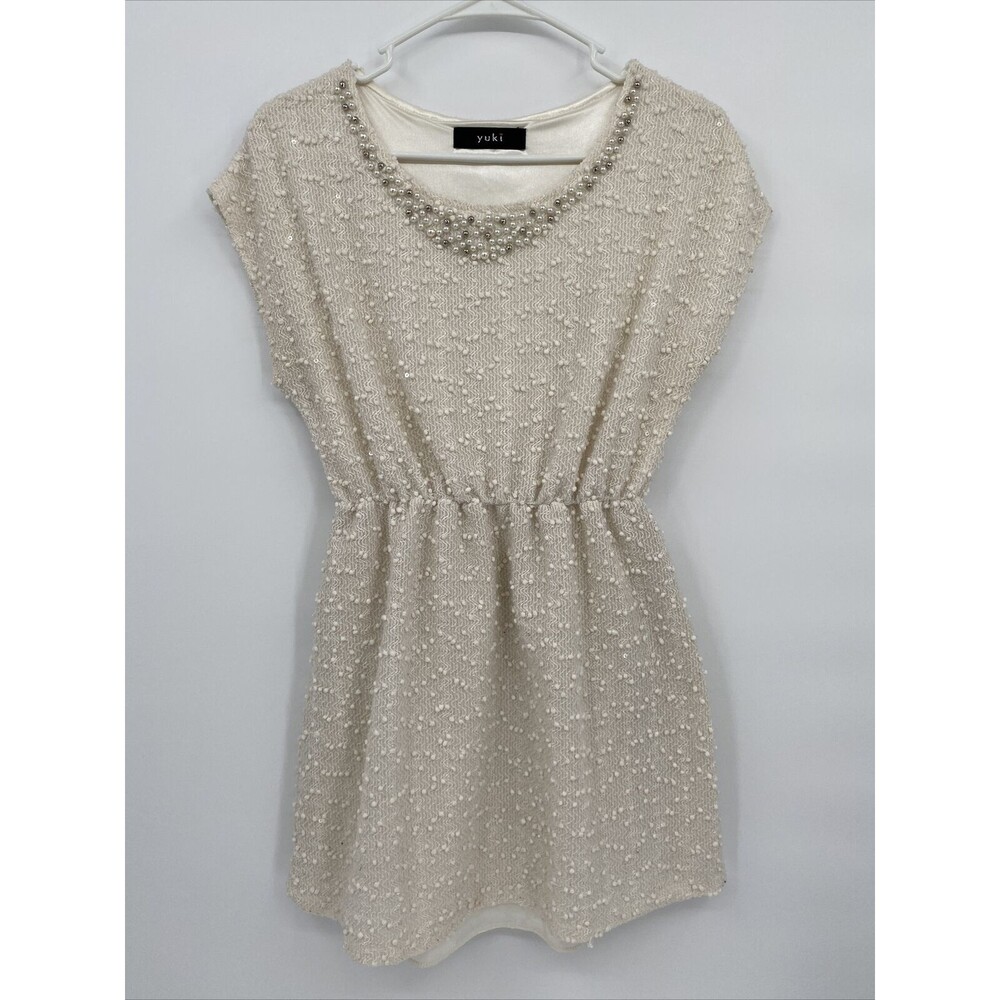 Yuki Women's Stretch Beaded Neck Cap Sleeve Fit & Flare Mini Dress Oatmeal Small